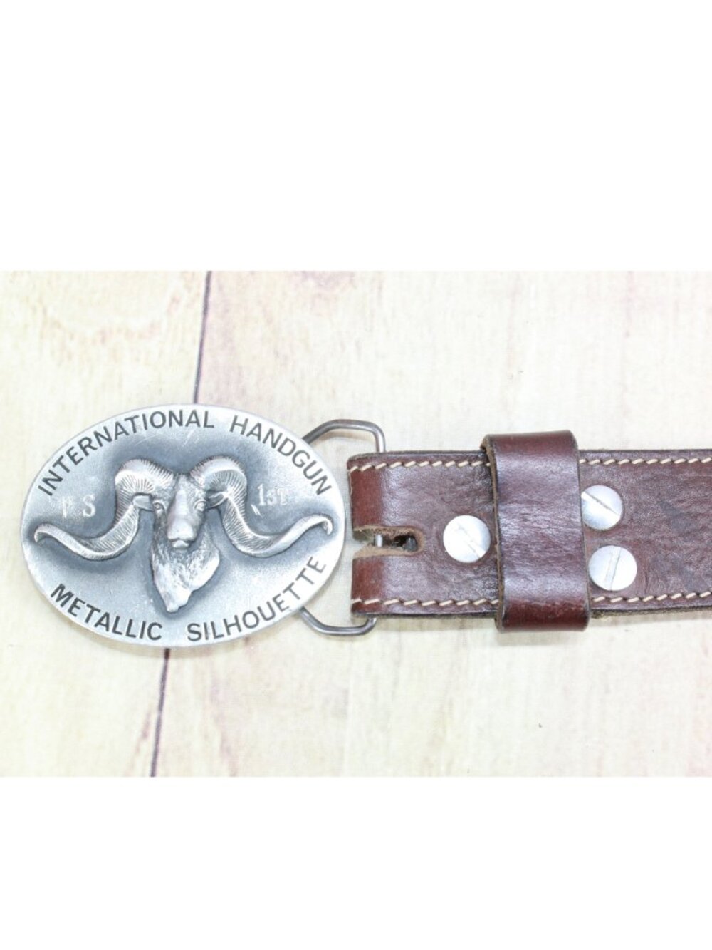 Vintage Brown Leather Belt Ram Buckle International Handgun Metallic Silhouette